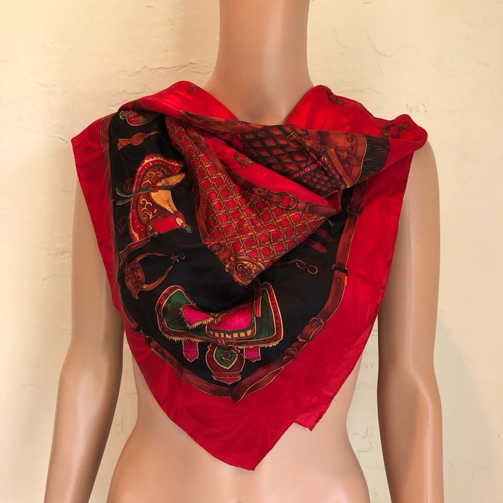 Adrianna Papell Red Multicolored 100% Square ￼Silk Scarf Chain-Link Pattern